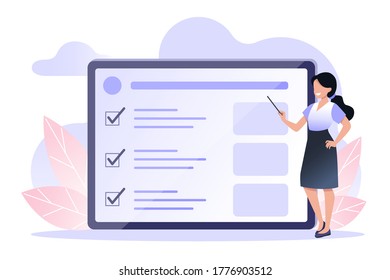 Eine junge Frau mit schwarzem Haar hält einen Zeiger in ihren Händen, die eine Präsentation auf dem Bildschirm. Online-Schulung, Zeitmanagement. Vektorflache Illustration für Webdesign