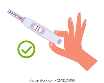 a woman holds a positive test for pregnancy in her hand. flat vector illustration.