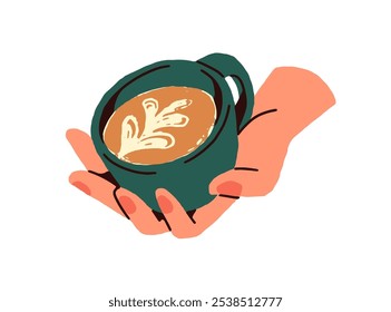 Woman holds pottery cup of milk coffee with pattern on cream foam. Female hand with mug of cappuccino, warm beverage. Teacup of hot drink, latte. Flat isolated vector illustration on white background