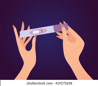 Woman holds a pregnancy test in her hand. Vector illustration