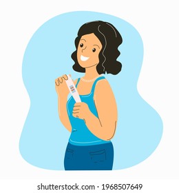 A woman holds a pregnancy test with two strips and smiles at the upcoming appearance of the baby.