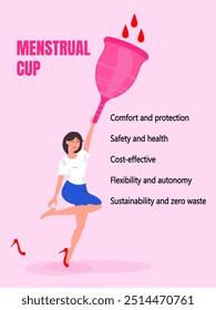 Woman holds a protective menstrual cup, feminine health concept, gynecology banner