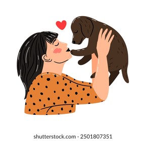 Mujer sostiene un cachorro en sus brazos. Vida feliz con un trabajo de autores de ilustración de mascotas