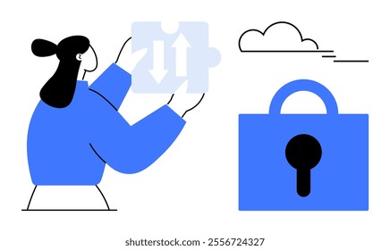 Woman holds puzzle piece with arrows beside a lock and cloud symbol. Ideal for data security, cloud storage, encryption, online protection, cybersecurity topics. Modern minimalistic style