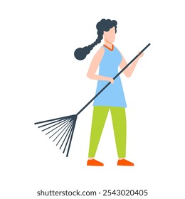 Woman holds rake for street cleaning in flat design. Cleaner collecting garbage. Vector illustration isolated.