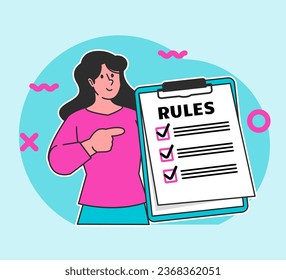 A woman holds a rules board