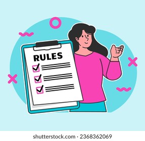 A woman holds a rules board
