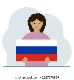 A woman holds a Russian flag in his hands. The concept of demonstration, national holiday or patriotism. Nationality. Vector flat illustration