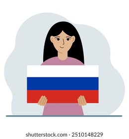 A woman holds a Russian flag in his hands. The concept of demonstration, national holiday or patriotism. Nationality. Vector flat illustration