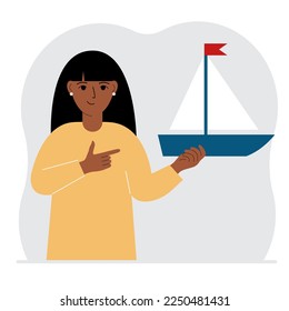 A woman holds a sailing yacht in his hand. Concepts of freedom, hope and big plans. Hobby, sport or business. Vector flat illustration