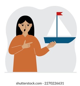 A woman holds a sailing yacht in his hand. Concepts of freedom, hope and big plans. Hobby, sport or business. Vector flat illustration