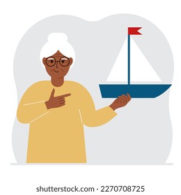 A woman holds a sailing yacht in his hand. Concepts of freedom, hope and big plans. Hobby, sport or business. Vector flat illustration