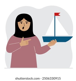 A woman holds a sailing yacht in his hand. Concepts of freedom, hope and big plans. Hobby, sport or business. Vector flat illustration