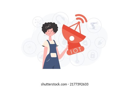 A woman holds a satellite dish in her hands. Internet of things concept. Good for presentations, websites and typography. Trendy flat style. Vector illustration.