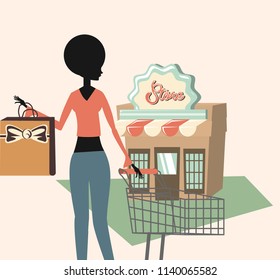 woman holds shopping bag and retro store grunge style