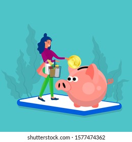 Woman holds shopping basket and putting big coin into piggy bank. Stand at big phone. Concept art of cash back, discount, saving while spending. Blue background. Flat style stock vector illustration.