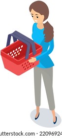 Woman holds shopping cart. Food and shopping bag basket. Purchases, orders in online store concept. Buying online with website for Internet shopping. Digital marketing and virtual shop in laptop