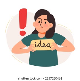 A woman holds a sign with the inscription idea. The concept of a business idea, startup, organization, brainstorming. Vector illustration isolated on a white background