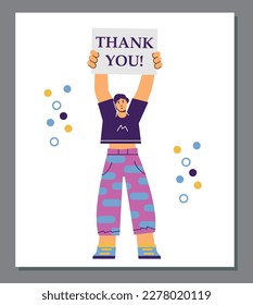 Woman holds sign with thank you text, poster template - flat vector illustration. Concept of gratitude. Person carrying banner with grateful inscription.