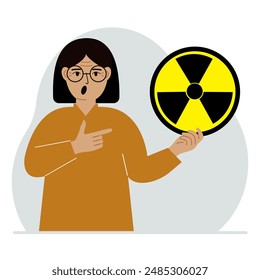 Una mujer sostiene un cartel con una advertencia sobre el peligro nuclear. El concepto de guerra nuclear, radiación, riesgo biológico. Ilustración plana de Vector