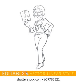 Woman holds a signed contract. Editable line sketch. Stock vector illustration