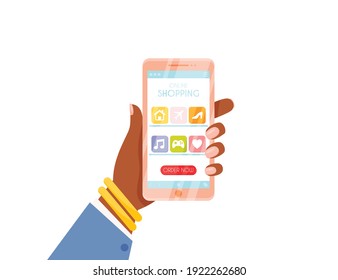 Woman holds smartphone in hand. Order now, online shopping concept. vector illustration