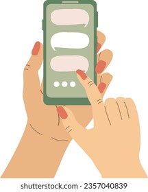 A woman holds a smartphone in her hands and sends a message in a chat. Communication, dialogue in the messenger. Vector illustration