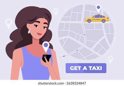 Woman holds  a smartphone, looks at a map and calls a taxi. The map shows a yellow taxi on the right side of the screen. Vector illustration in a flat style