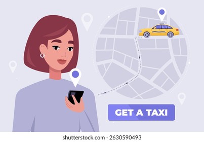 Woman holds  a smartphone, looks at a map and calls a taxi. The map shows a yellow taxi on the right side of the screen. Vector illustration in a flat style