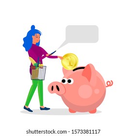 Woman holds smartphone and putting big coin into piggy bank. Concept art of cash back, discount, saving while spending. Isolated on white background. Flat style stock vector illustration.