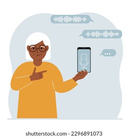 A woman holds a smartphone using a voice assistant application. Voice recognition concept. Smart speaker applications, office controller, hands-free phone calls, voice command software.