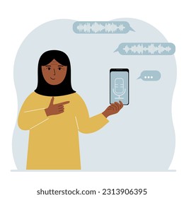 A woman holds a smartphone using a voice assistant application. Voice recognition concept. Smart speaker applications, office controller, hands-free phone calls, voice command software. Vector flat il
