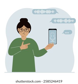 A woman holds a smartphone using a voice assistant application. Voice recognition concept. Smart speaker applications, office controller, hands-free phone calls, voice command software.