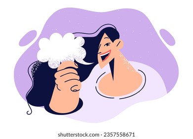 Woman holds speech bubble and offers to chat or discuss latest news or unverified data. Speech bubble is metaphor for gossip and rumors that arose due to lack of reliable information.