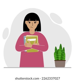 A woman holds a stack of books in his hands. Knowledge or education for future work, personal improvement, reading list. Vector flat illustration