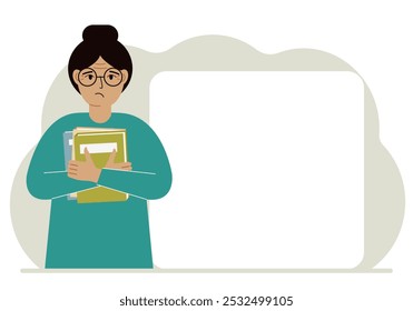 A woman holds a stack of books in his hands. Knowledge or education for future work, personal improvement, reading list.