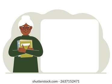 A woman holds a stack of books in his hands. Knowledge or education for future work, personal improvement, reading list. Vector flat illustration