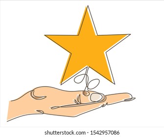 Woman holds star on the palm of his hand, puts rating, reviews. Vector continuous line.