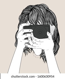 Woman holds a stylish camera and wears a denim jacket.Doodle art concept,illustration painting
