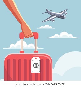 A woman holds a suitcase in her hand close-up and an airplane in the sky. Vacation and travel concept. Illustration. Vector