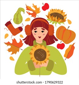 
Woman holds  sunflower in her hands. Autumn collection of harvest items, food, clothing. Cartoon style