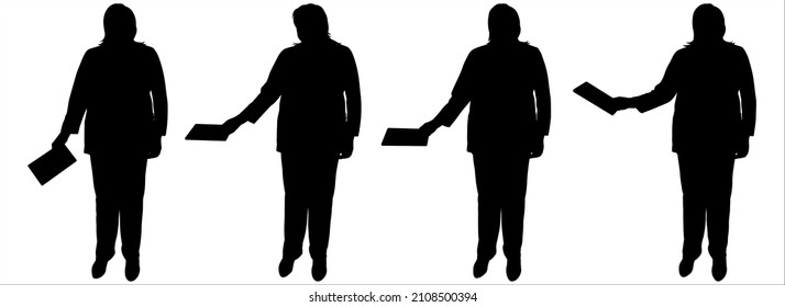 The woman holds a tablet, a gadget, in her hands. Business lady in a business suit with documents. The woman slowly raises the folder with her hand. Front view, full face. Silhouettes isolated.