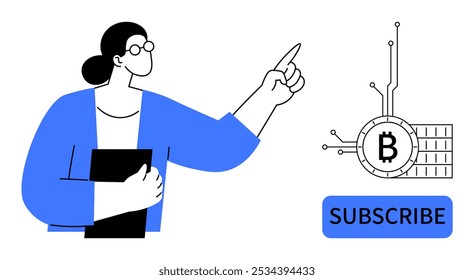 Una mujer sostiene una tableta mientras señala un símbolo de Bitcoin conectado a líneas digitales. Se muestra un Botón de Suscribirse azul. Ideal para criptomonedas, blockchain, finanzas digitales, en línea