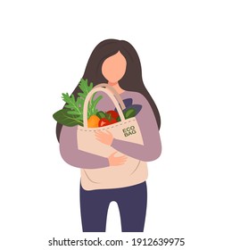 A woman holds a textile bag with vegetables in her hands. Shopping of organic products. Say no to plastic. Waste-free consumption and saving the environment. Eco concept. Vector flat illustration