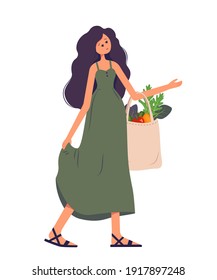 A woman holds a textile bag with vegetables in her hands. Shopping of organic products. Say no to plastic. Waste-free consumption and saving the environment. Eco concept. Vector flat illustration