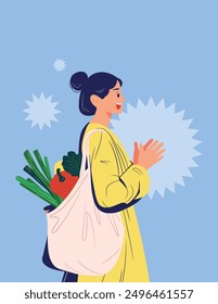 A woman holds a textile bag with vegetables, shopping of organic products. Grocery store concept, shopping. Vector illustration isolated on blue background.