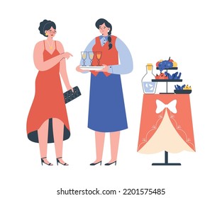 Woman holds tray with glasses and offers drinks to guest in evening dress flat style, vector illustration isolated on white background. Catering service, party, people