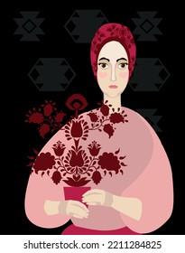 Woman holds the Tree of Life against the background of an ornament symbolizing a sown field. The concept of a woman guardian of the family