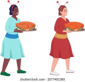 Woman holds turkey platter semi flat color vector character set. Posing figure. Full body person on white. Festive dinner isolated modern cartoon illustration for graphic design and animation pack