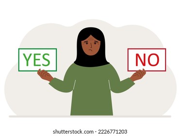 A woman holds two banners Yes and No in his hands. Test question. Indecisive choice, argument, opposition, choice, dilemma, opponent's view. Vector flat illustration